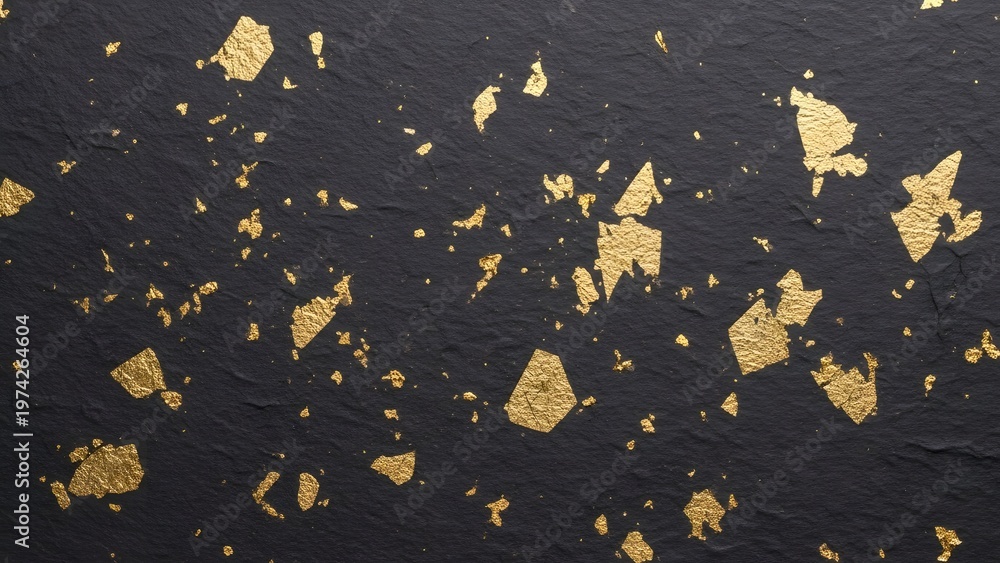 Fototapeta premium Scattered shiny gold leaf flakes beautifully contrasting against a rough textured dark black slate background