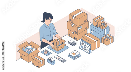 Small Business Owner Packing Orders – Ecommerce Vector Illustration
