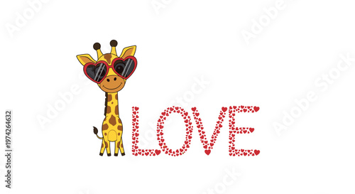 Cute giraffe character wearing red heart-shaped sunglasses standing next to the word love made of small red hearts for valentine decoration.