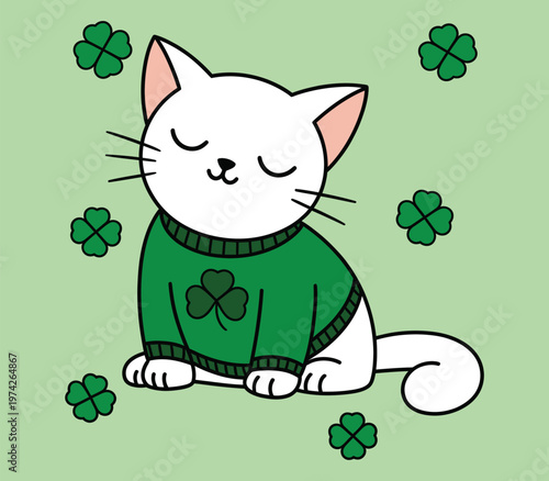 Cute cat wearing a sweater with a shamrock clover leaf design sitting calmly surrounded by four leaf clovers on a light green background. Vector Illustration.
