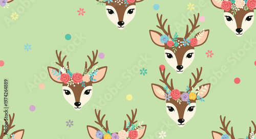 Seamless pattern featuring cute deer heads wearing colorful floral crowns on a light green background for nursery wallpaper and home decor.