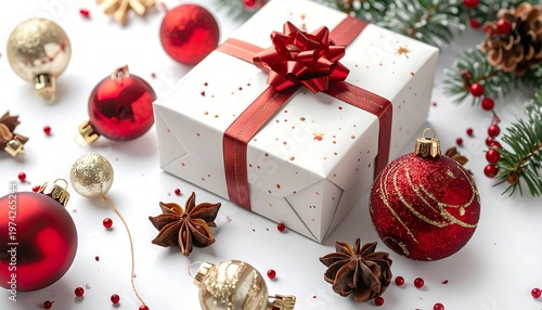 Festive holiday scene featuring a wrapped present, ornaments, greenery, and seasonal accents on a white surface