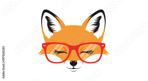 Stylish orange fox head wearing bright red glasses with long eyelashes and closed eyes on a white background for a modern and hip graphic art.