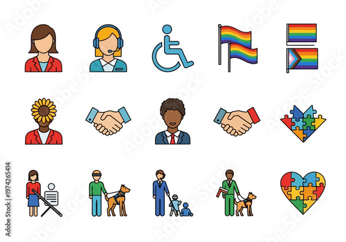 Diversity Equity and Inclusion (DEI) Icon Set: Accessibility LGBTQ+ Pride Neurodiversity and Workplace Equality Symbols
