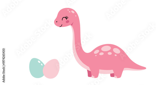 Friendly pink dinosaur with spots standing next to two colorful eggs on a white background for a prehistorical themed illustration for children.