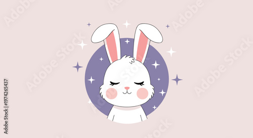 Sweet white bunny with rosy cheeks and closed eyes centered in a purple circle surrounded by sparkling stars for a peaceful nursery concept.