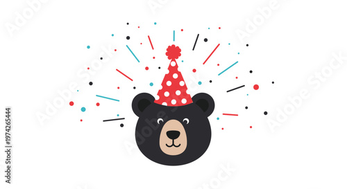 Happy black bear head wearing a red and white polka dot party hat with colorful confetti and streamers exploding in the background for a bash.