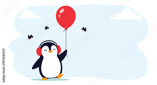 Cute penguin wearing red earmuffs and holding a bright red balloon while walking outdoors with small birds flying in the background for winter.