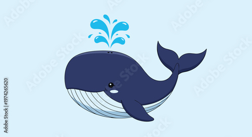 Large dark blue whale swimming peacefully and spouting water from its blowhole against a light blue background in a simple oceanic illustration.