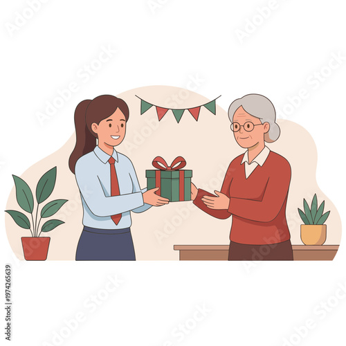 A woman gives a gift to an elderly woman at home indoors.