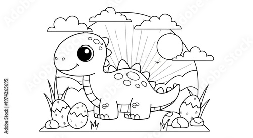 Cute Baby Dinosaur Coloring Page for Kids, Cartoon Prehistoric Landscape with Hatching Eggs and Sun, Black and White Line Art Illustration