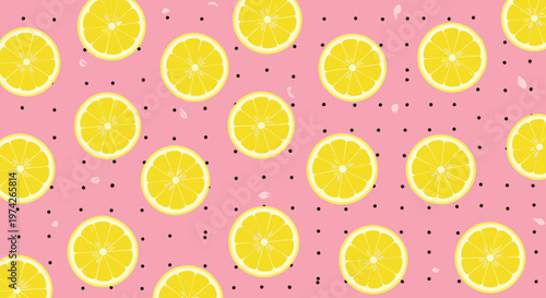 Vibrant pattern of yellow lemon slices arranged on a bright pink background with small black dots for a tropical and fruity summery design look.