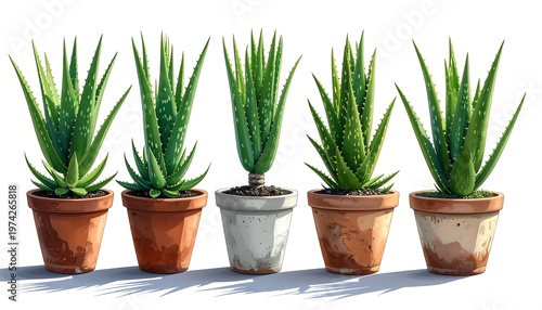 Five realistic aloe vera plants in terracotta and stone pots, neatly arranged against a stark white background