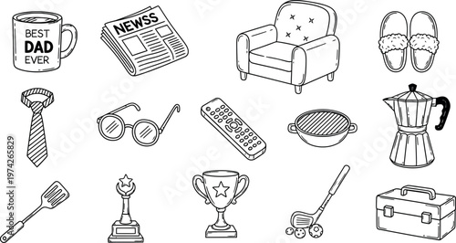 Title collection of hand drawn sketch icons everyday objects and awards description a black and white sketch featuring various objects like a soda