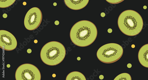 Modern seamless pattern featuring green kiwi fruit slices and yellow dots on a solid black background for a bold and fresh food design project.