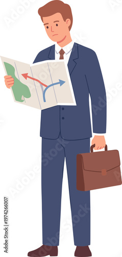 A businessman in a blue suit examines a map while holding a briefcase standing indoors.