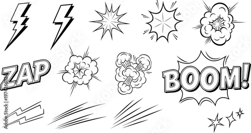 Vintage comic book sound effects and impact illustrations in black and white