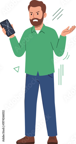 Man holding smartphone looks confused in modern illustration