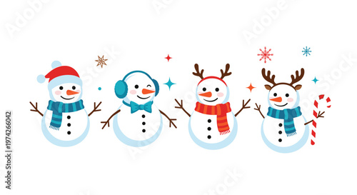 Line of four cute snowmen wearing different winter accessories like hats scarves and earmuffs with stars and snowflakes on a white background.