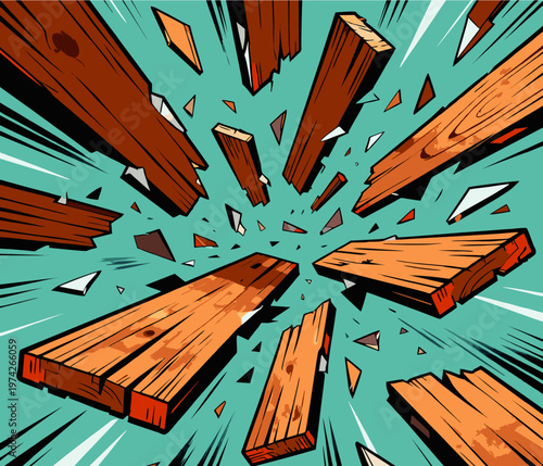 A dynamic, pop-art style vector illustration depicting wooden planks and debris exploding outward against a vibrant teal background with energetic action lines and a sense of high-impact motion.