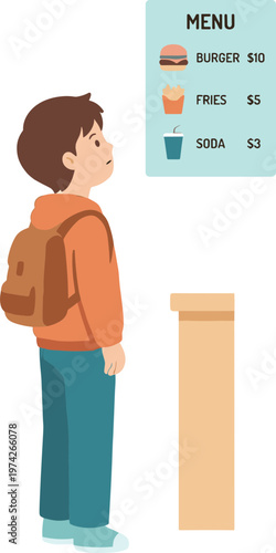 A hungry boy with a backpack looks at a menu board outdoors.