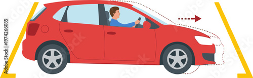 A car drives through a yellow parking space with a man inside.