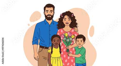 Happy Diverse Family Portrait Illustration with Mother Holding Flower Bouquet - Mother's Day and Celebration Concept