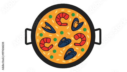 Delicious Spanish Paella Dish with Shrimp and Mussels in a Pan.