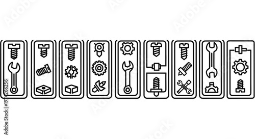 Title collection of black and white tool icons in rectangular frames description a row of ten tool icons each within a rectangular