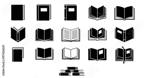 Title black and white book icons a variety of open and closed book representations description a collection of monochrome book icons showcasing