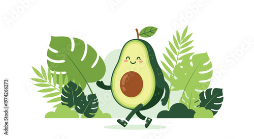Happy cartoon avocado character with a brown pit is walking cheerfully through a lush arrangement of various green tropical leaves and foliage.