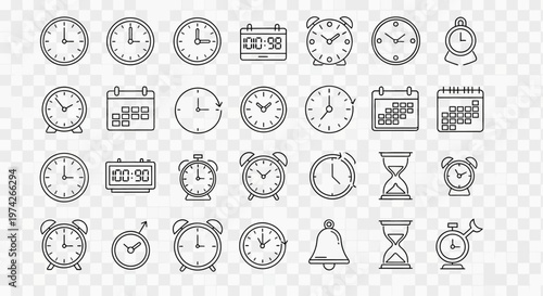 Collection of vintage timekeeping devices and calendar icons in sketch style