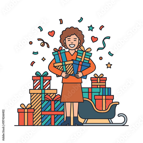 Woman excitedly holds colorful gifts surrounded by presents and confetti indoors.