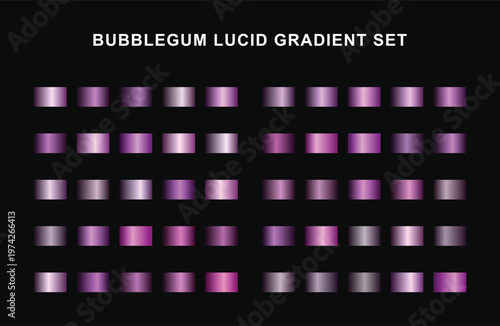 Bubblegum pink and purple lucid gradient color swatch grid. Rectangular metallic design blocks on solid black background.