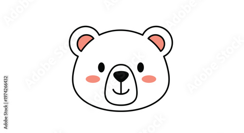 Adorable white bear face with small black eyes and rosy pink cheeks is illustrated in a simple and clean style on a minimalist white background.