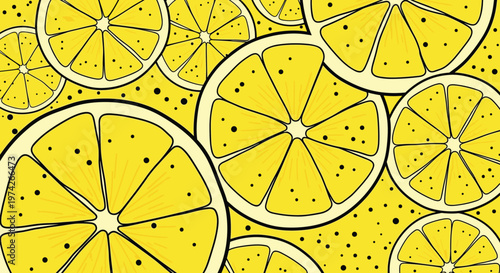 Vibrant pattern of bright yellow lemon slices showing internal segments and black seeds is layered across a yellow background with tiny black dots.