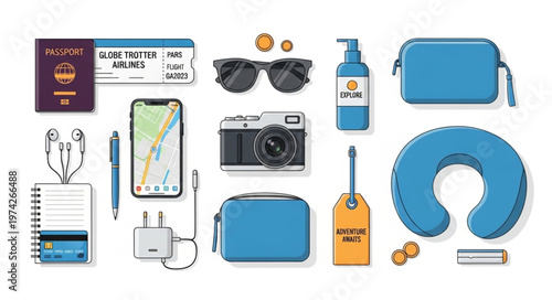 Travel Essentials Flat Lay - Passport, Phone, Camera, and Accessories.