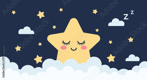 Sleeping yellow star character with a peaceful face is resting on soft white clouds under a dark blue night sky filled with many glowing stars.