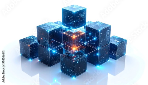 Futuristic illustration of glowing blue cubes arranged in a pyramidal formation, interconnected by radiant lines, set against a white backdrop