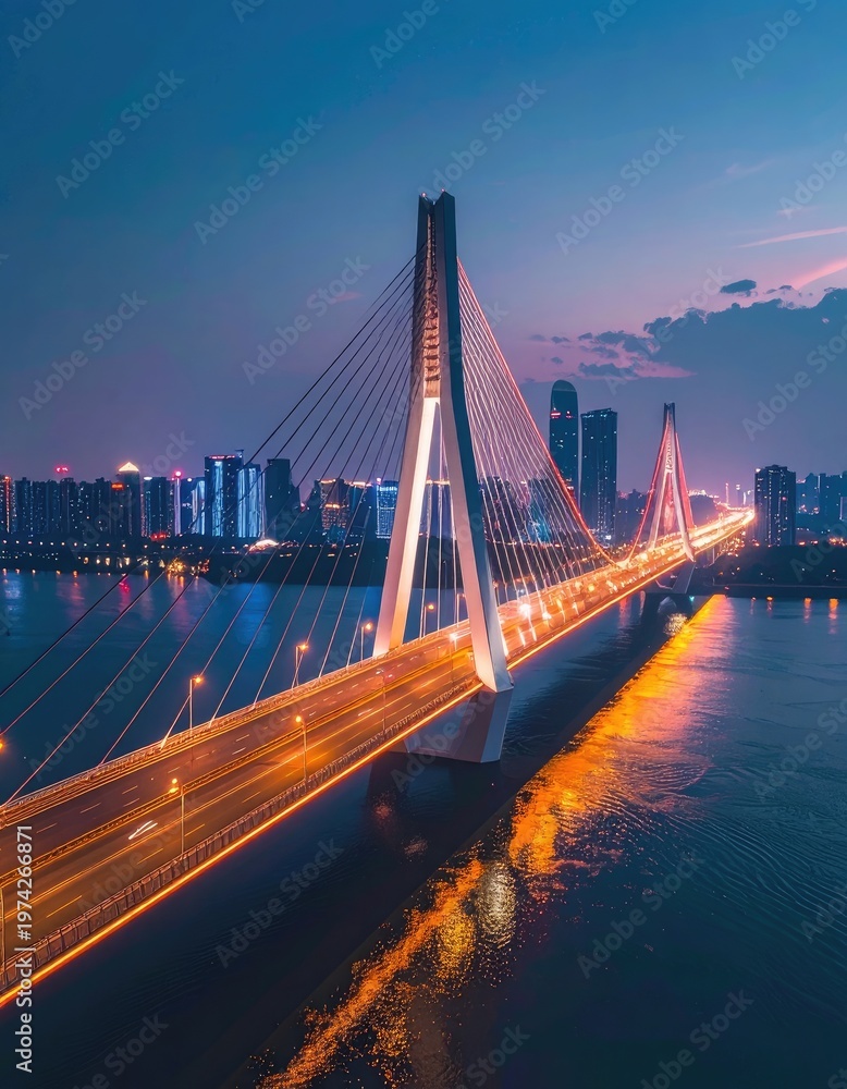 Obraz premium A stunning nighttime view showcases a modern suspension bridge illuminated against a vibrant twilight sky, connecting a bustling cityscape with shimmering water.