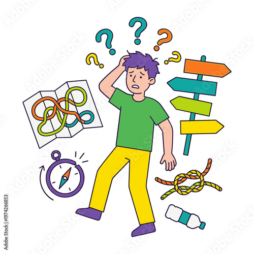 A frustrated man is confused while looking at a map and signs.