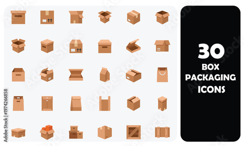 30 Flat Style Box Packaging and Delivery Icons Set for Logistics