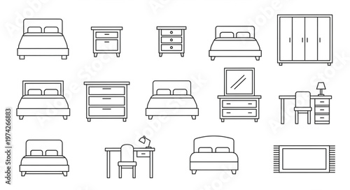 Bedroom Furniture Line Art Collection - Beds, Nightstands, Dressers, Wardrobe, Desk, and Rug.