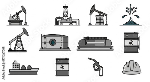 Oil Industry Icons - Pumping Units, Storage Tanks, and Safety Gear.