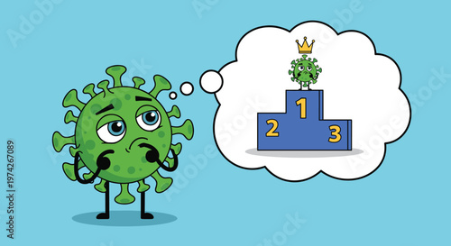 Green virus character is thinking about being a winner on a podium with a golden crown on its head against a blue background for education.