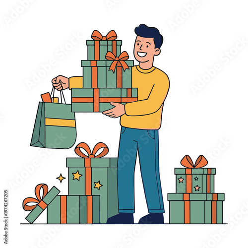 Man holding gifts and shopping bag with presents around him indoors