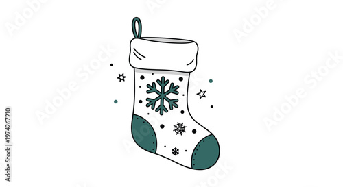 Hand-drawn illustration of a white Christmas stocking with a green snowflake design and green toe and heel parts on a plain white background.