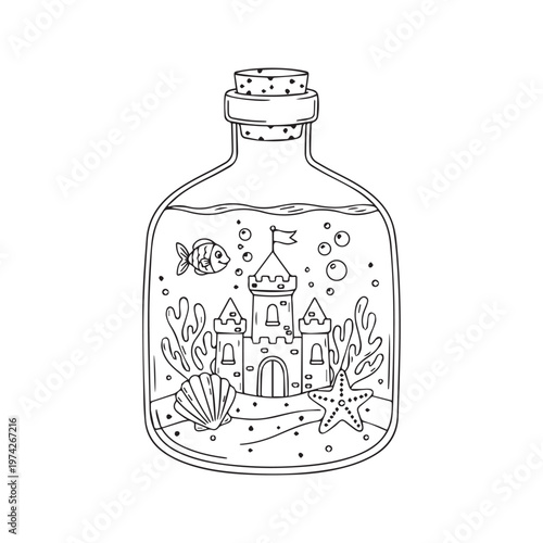 Cute cartoon line drawing of an underwater scene with a castle in a glass bottle
