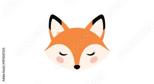 Simple and adorable fox face with closed eyes and pink cheeks is illustrated in a minimalist style on a clean and solid white background.