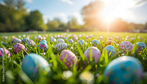 A vibrant, wide-angle panorama captures a cheerful Easter egg hunt scene, with an abundance of artfully decorated Easter eggs scattered across lush green grass. The eggs are a riot of colors, featurin